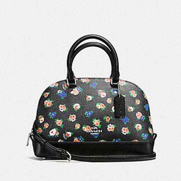 Coach Tea Rose Black Blue Floral Sierra Satchel Top Handle Doctor Crossbody Bag - Picture 1 of 8